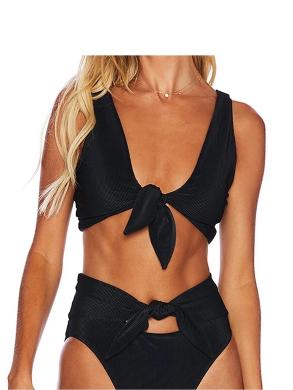 New! Set! Free People Black Dallas Emma Ribbed Tie-Front Bikini Set